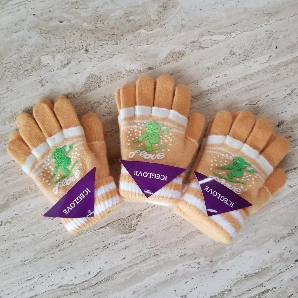 Set of 3 NEW Orange White Double Layered 2 in 1 Wool Blend Cozy Warm Gloves